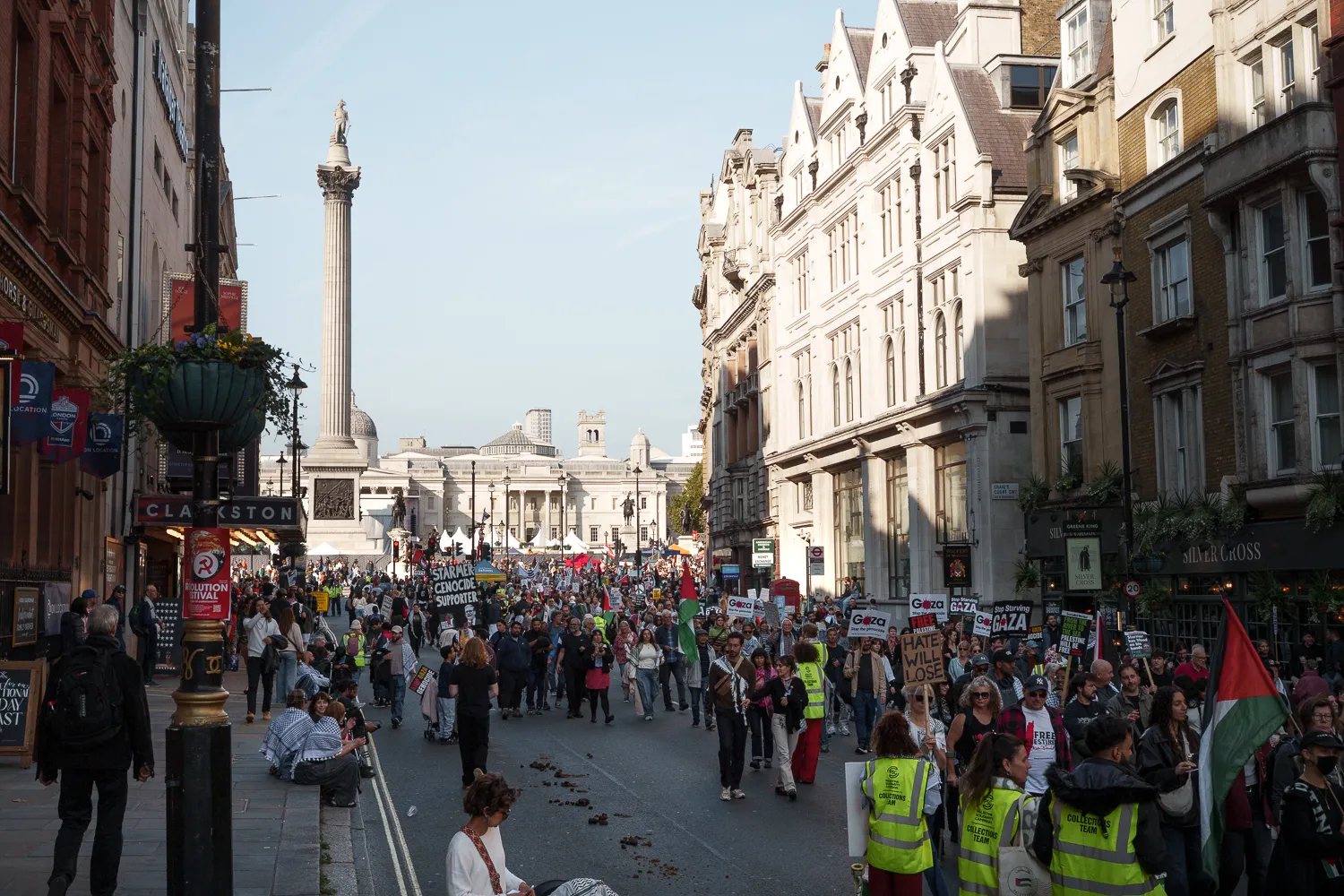 Pro-Palestine demonstrators filling a London street near Trafalgar Square