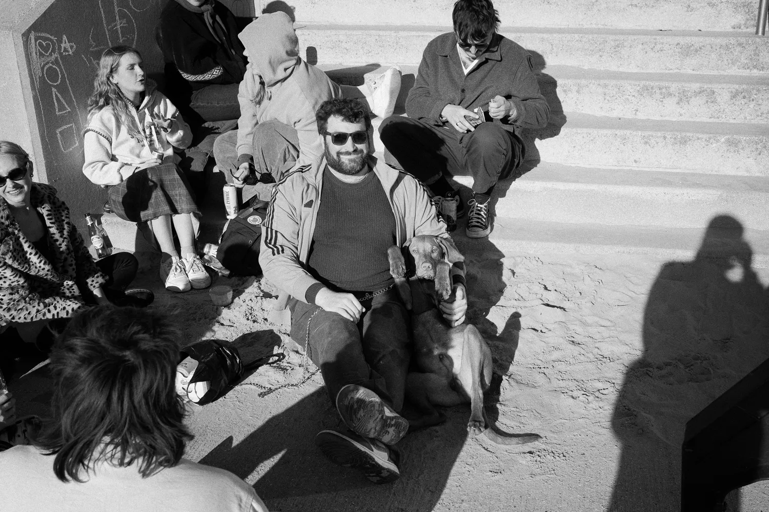 A dog chilling with his owner on the beach